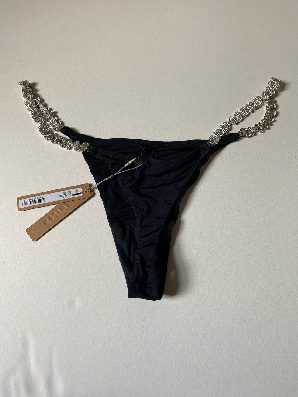 SKIMS Jelly Sheer Crystal Logo Side Thong - Onyx M/XL Rhinestone Straps - NWT - Picture 3 of 12